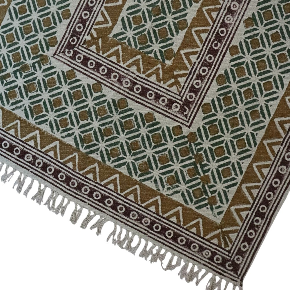 Block Printed Ocra Green Cotton Dhurrie