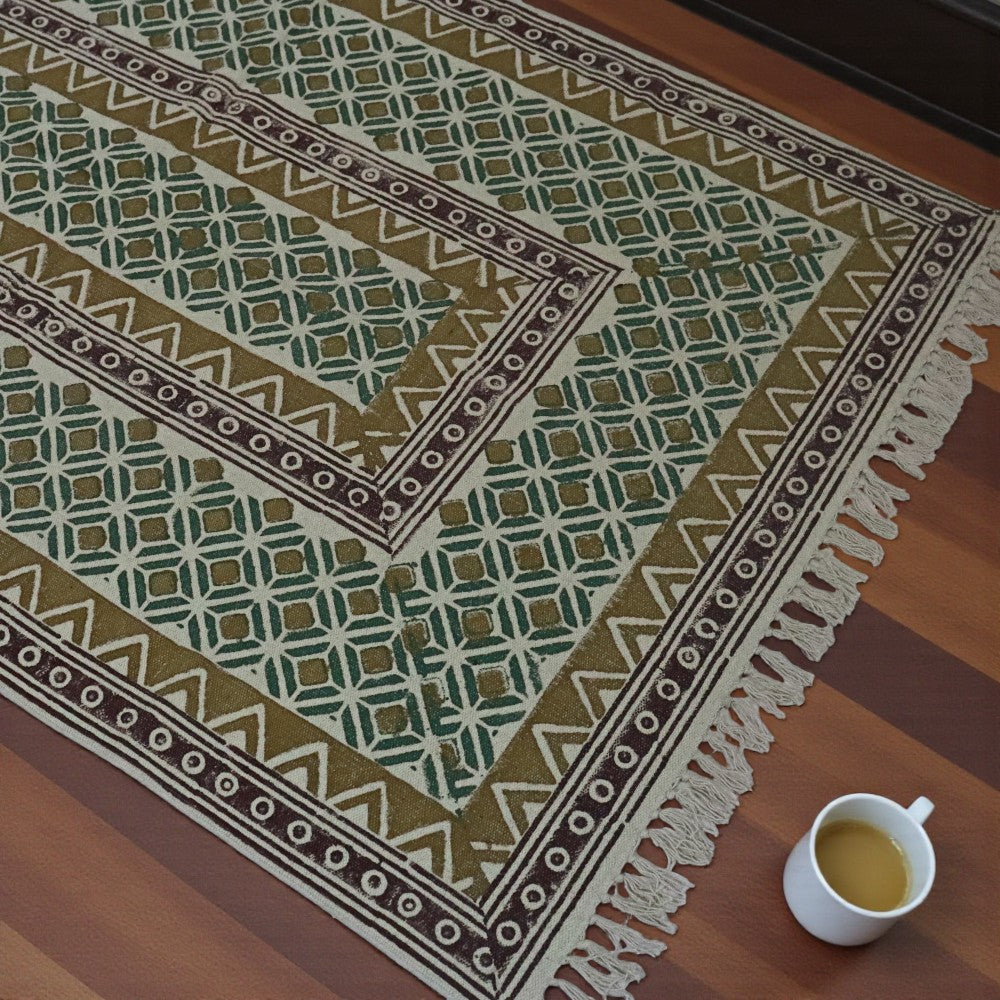 Block Printed Ocra Green Cotton Dhurrie