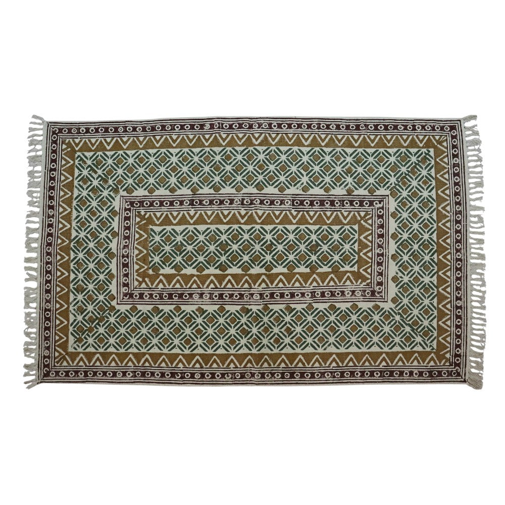 Block Printed Ocra Green Cotton Dhurrie