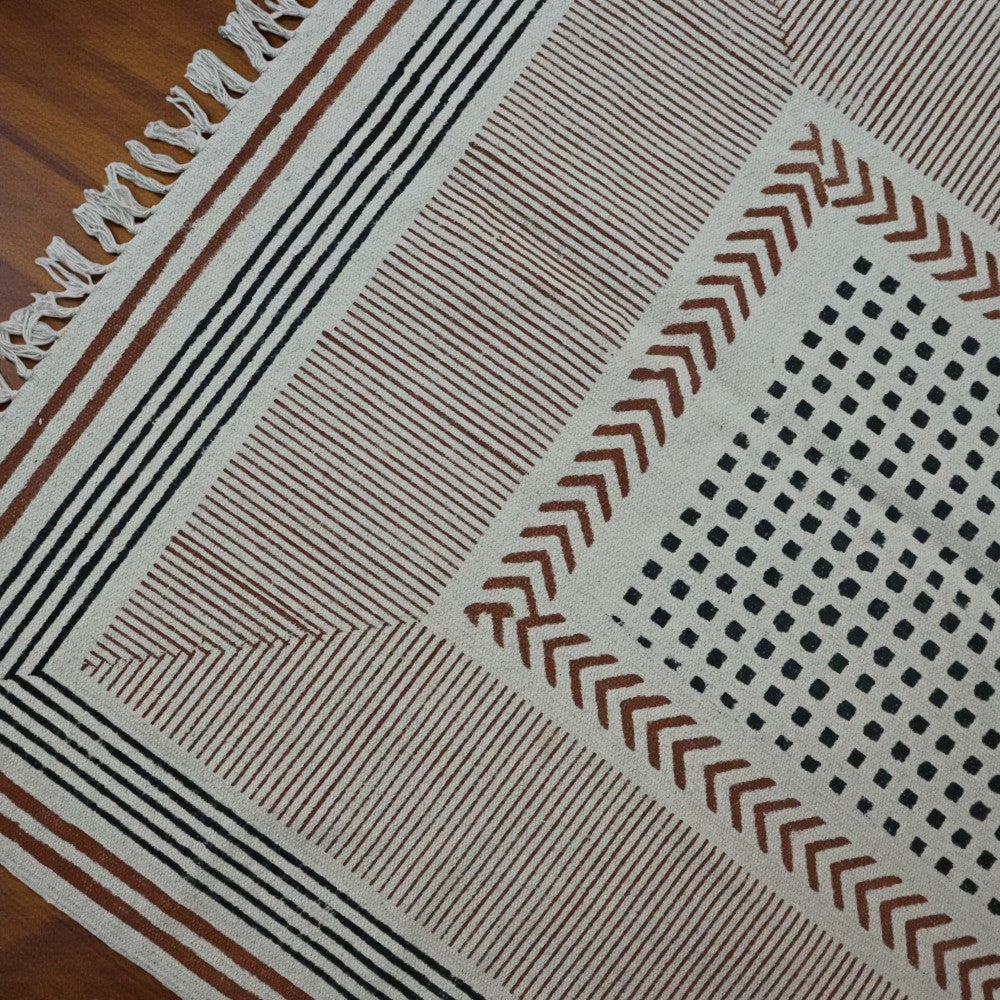 Block Printed Light Orenge Cotton Dhurrie