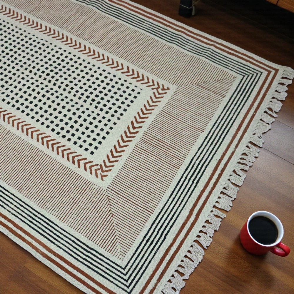 Block Printed Light Orenge Cotton Dhurrie