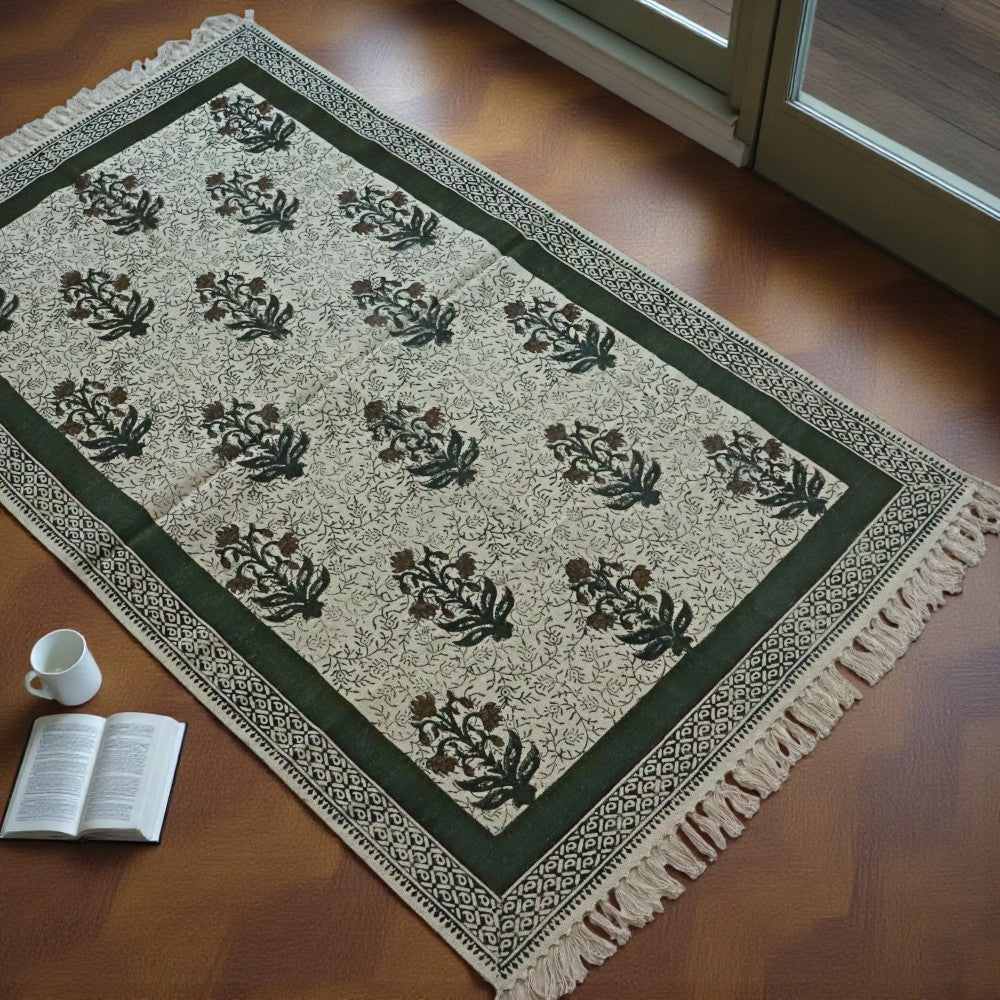 Block Printed Forest Green Cotton Dhurrie