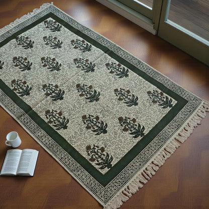 Block Printed Forest Green Cotton Dhurrie