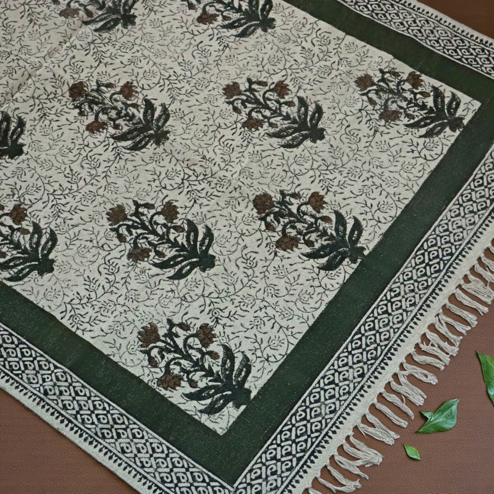 Block Printed Forest Green Cotton Dhurrie