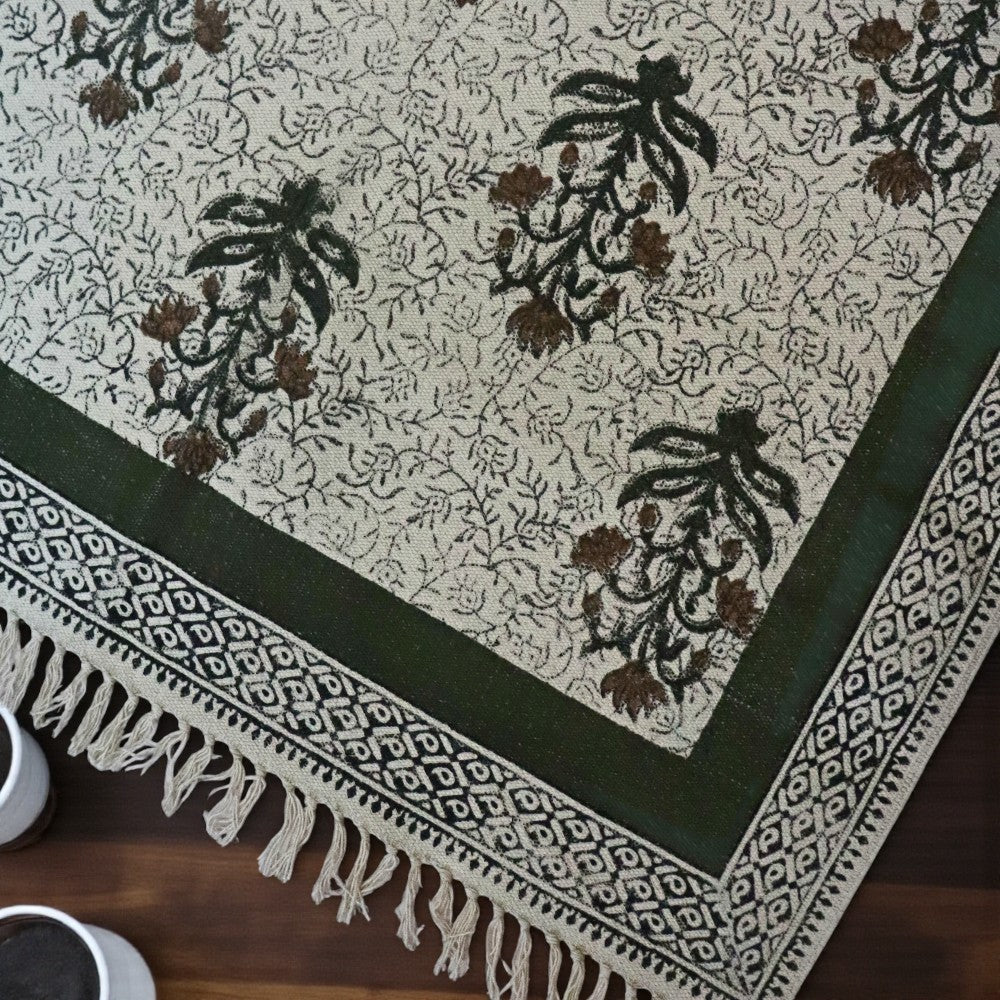 Block Printed Forest Green Cotton Dhurrie