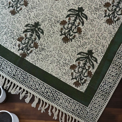 Block Printed Forest Green Cotton Dhurrie