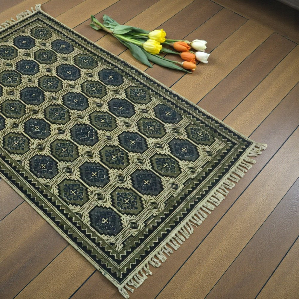 Black Grey Kalamkari Handblock printed Dhurrie