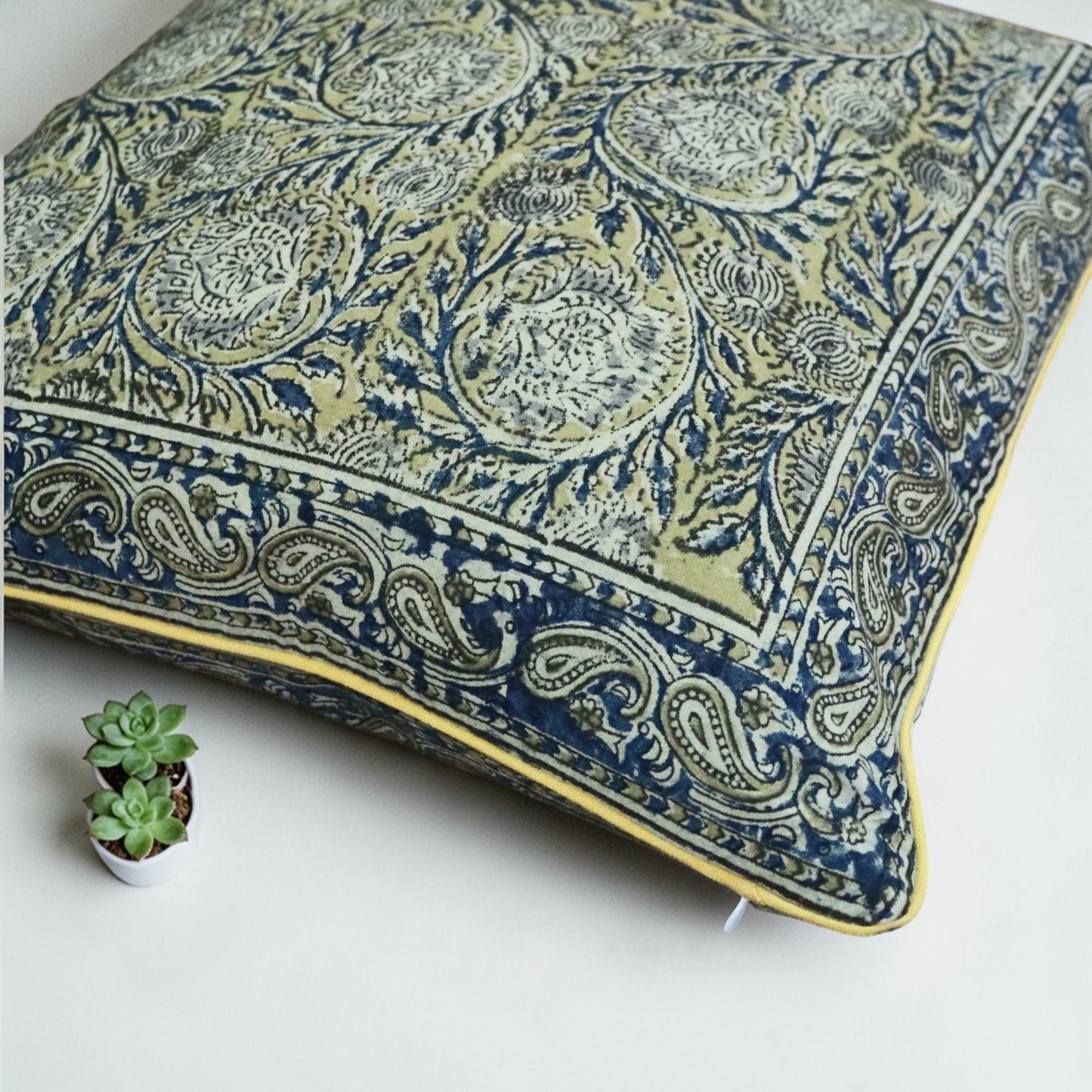 Ocra Blue kalamkari Cushion Cover