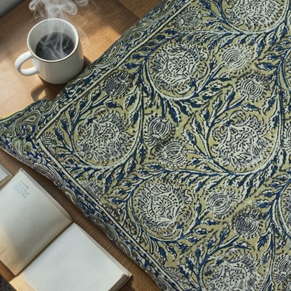 Ocra Blue kalamkari Cushion Cover