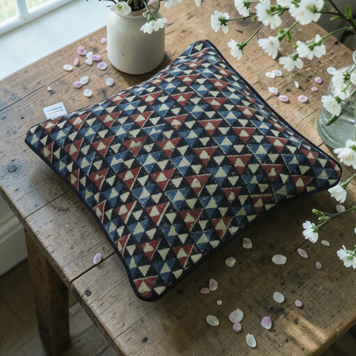 Rina Ajrakh Block printed Dhurrie Cushion Cover