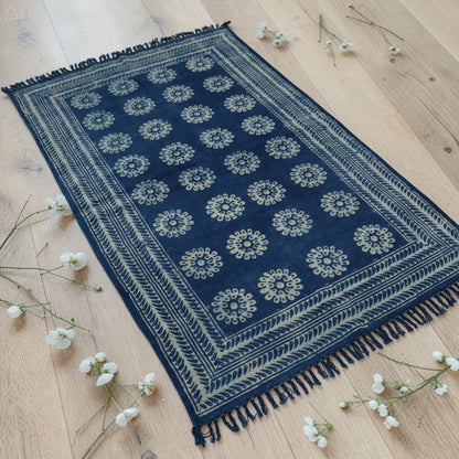 Mukta Cotton Dabu Indigo Printed Dhurrie