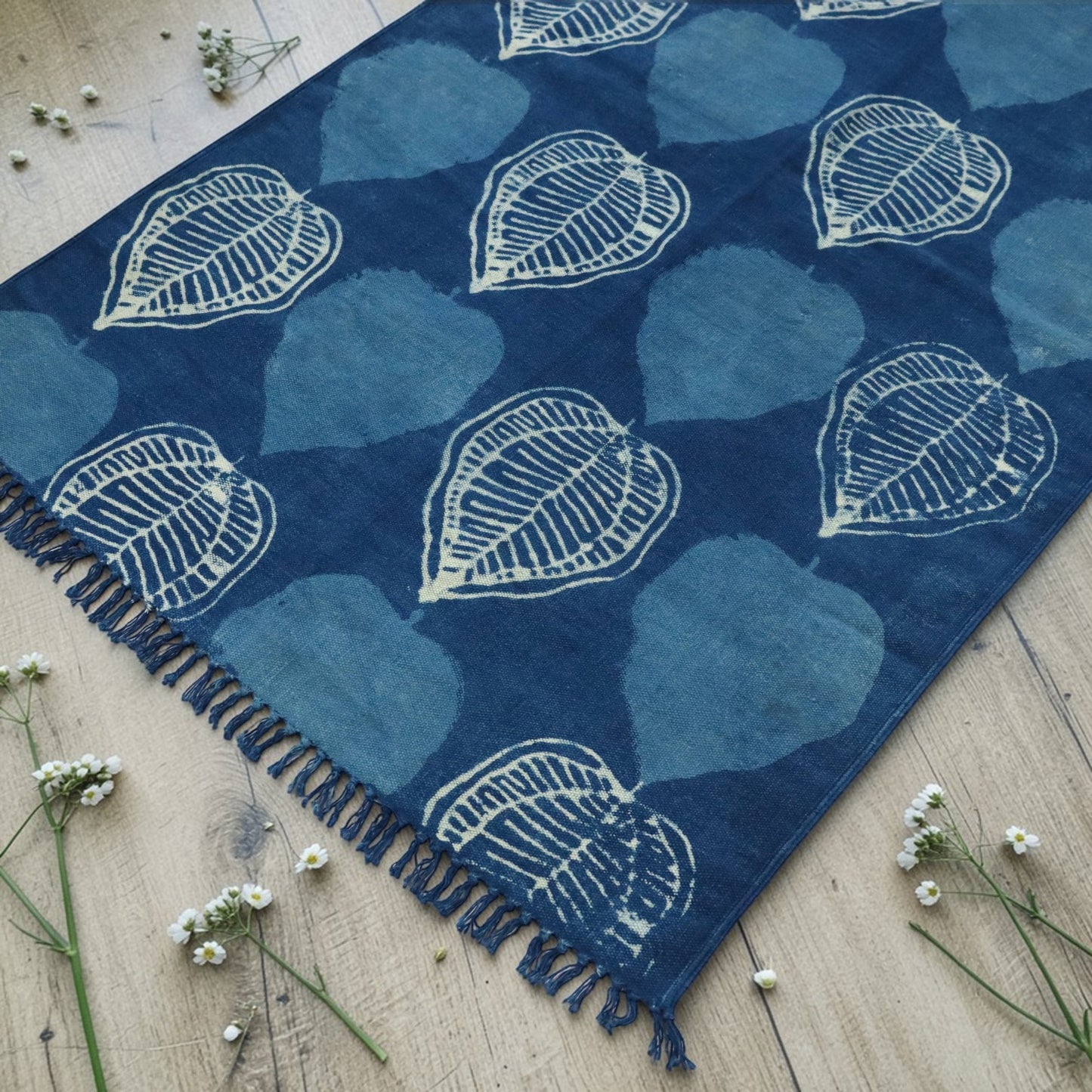 Betel Leaves Dabu Indigo Printed Dhurrie