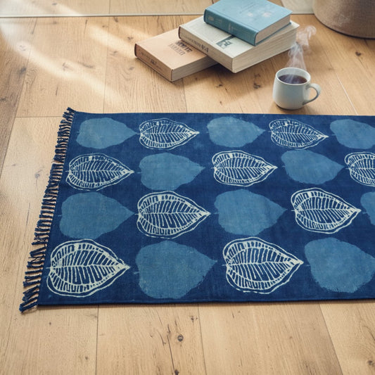 Betel Leaves Dabu Indigo Printed Dhurrie