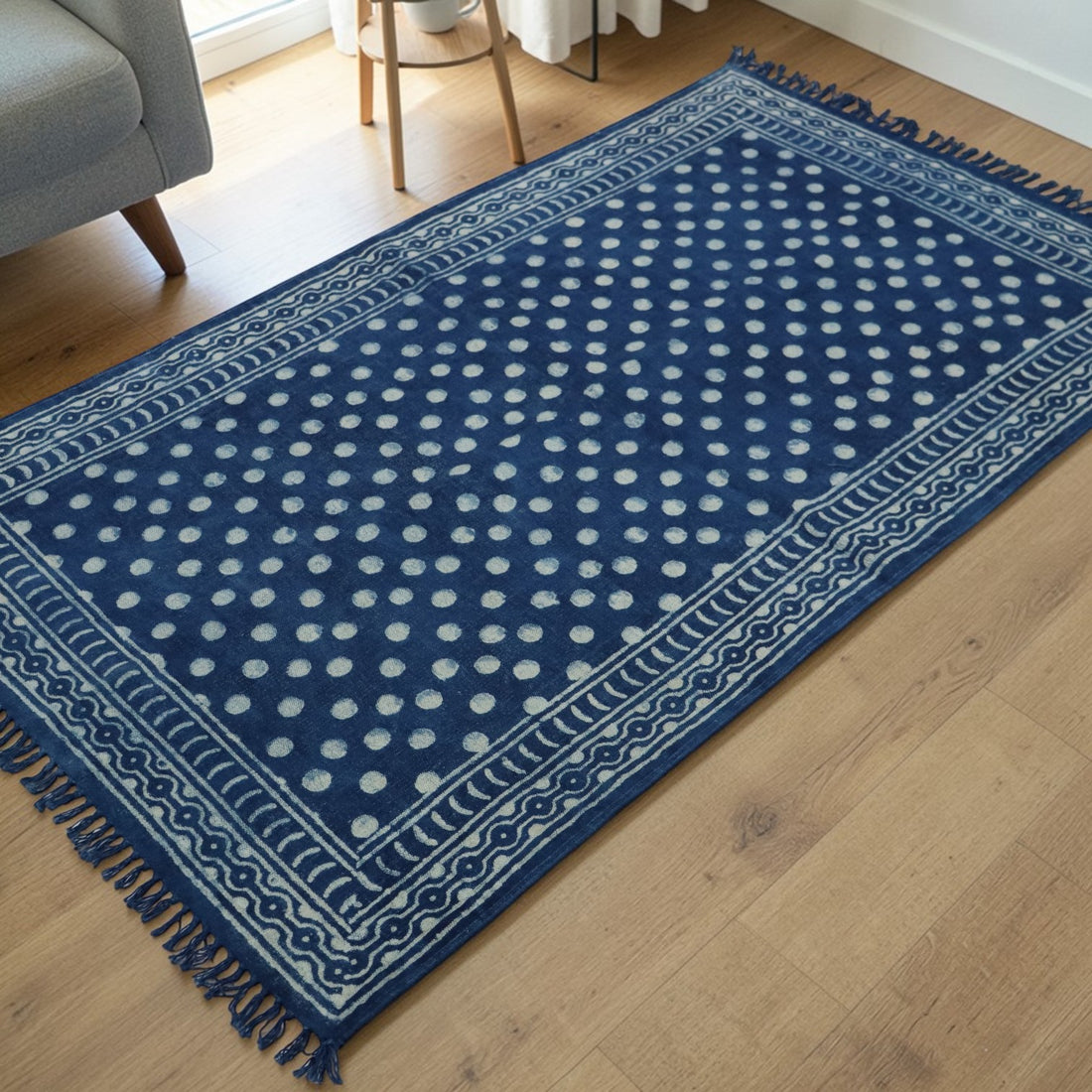 Polka Dot Dabu Indigo Printed Cotton Dhurrie