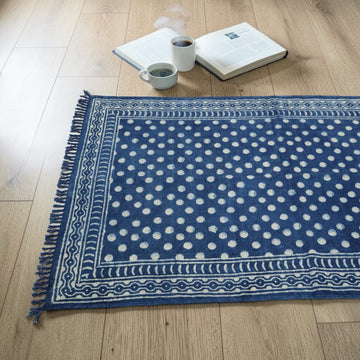 Polka Dot Dabu Indigo Printed Cotton Dhurrie