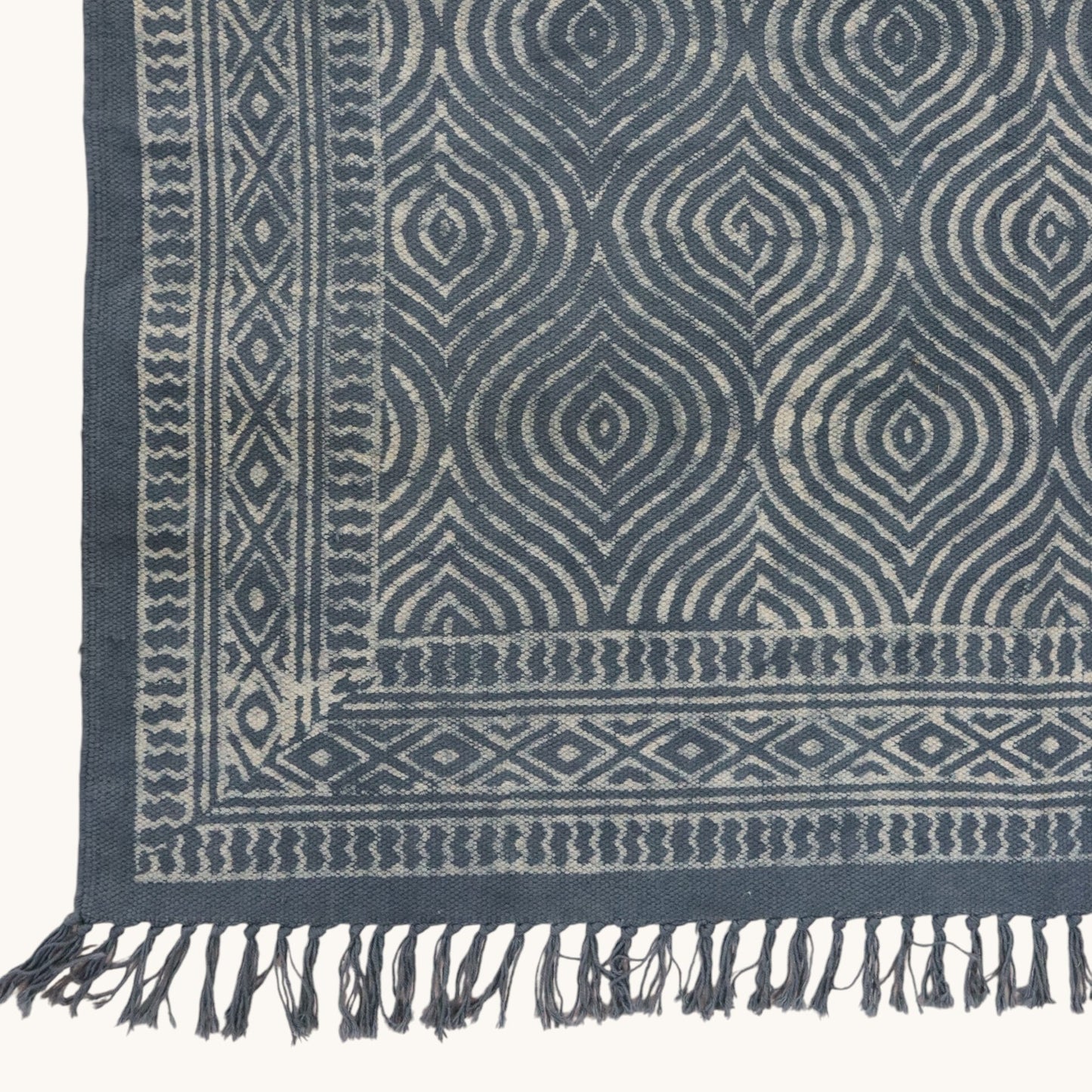 Kala Dabu Block Printed Cotton Grey Dhurrie