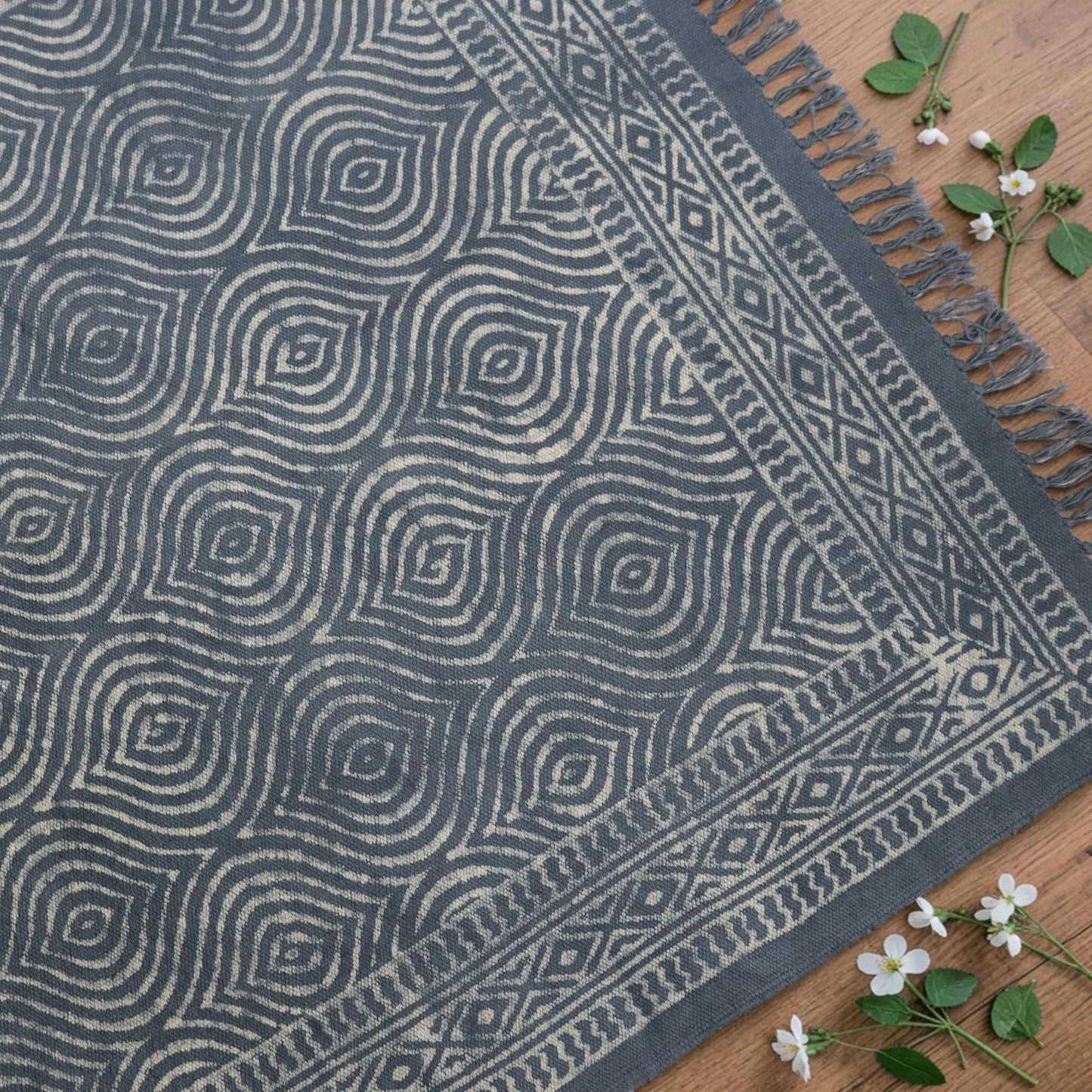 Kala Dabu Block Printed Cotton Grey Dhurrie
