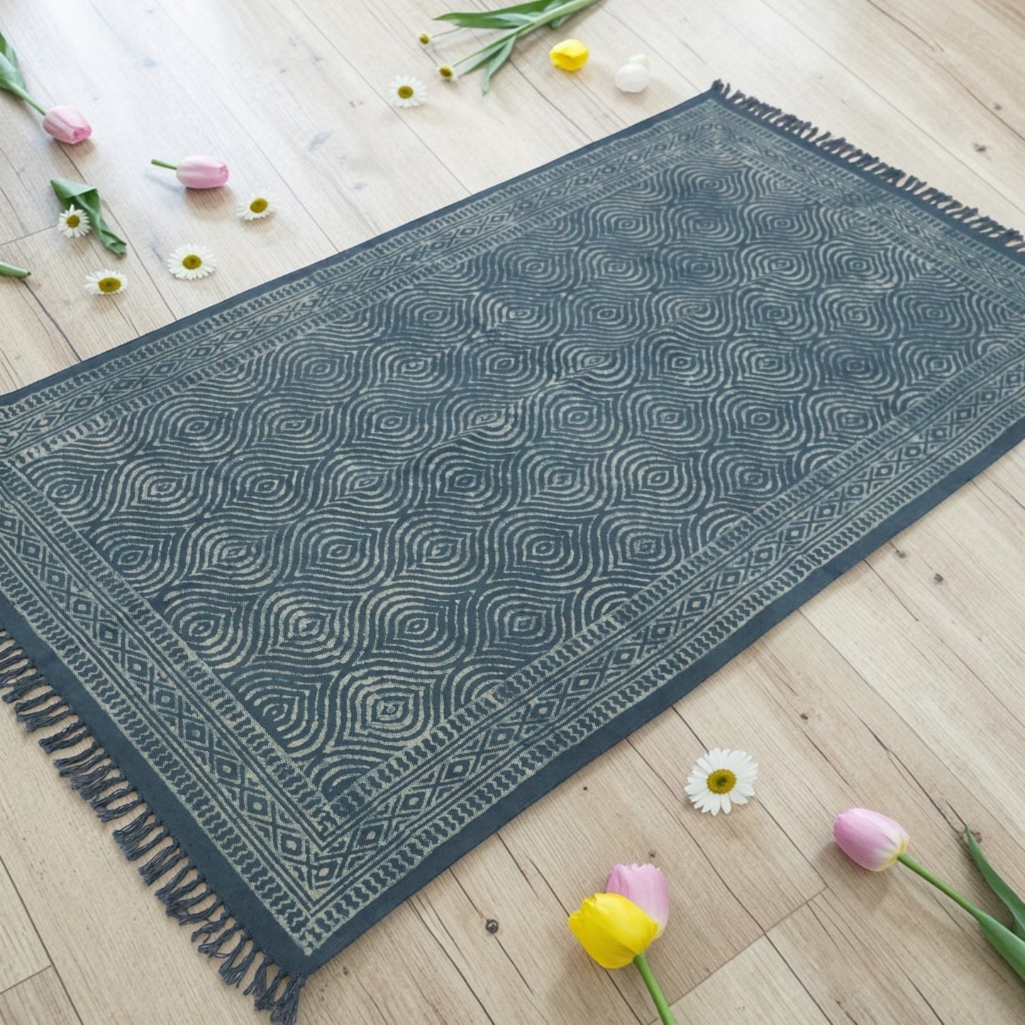 Kala Dabu Block Printed Cotton Grey Dhurrie