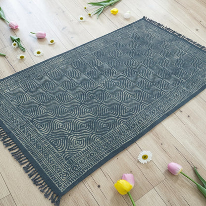 Kala Dabu Block Printed Cotton Grey Dhurrie