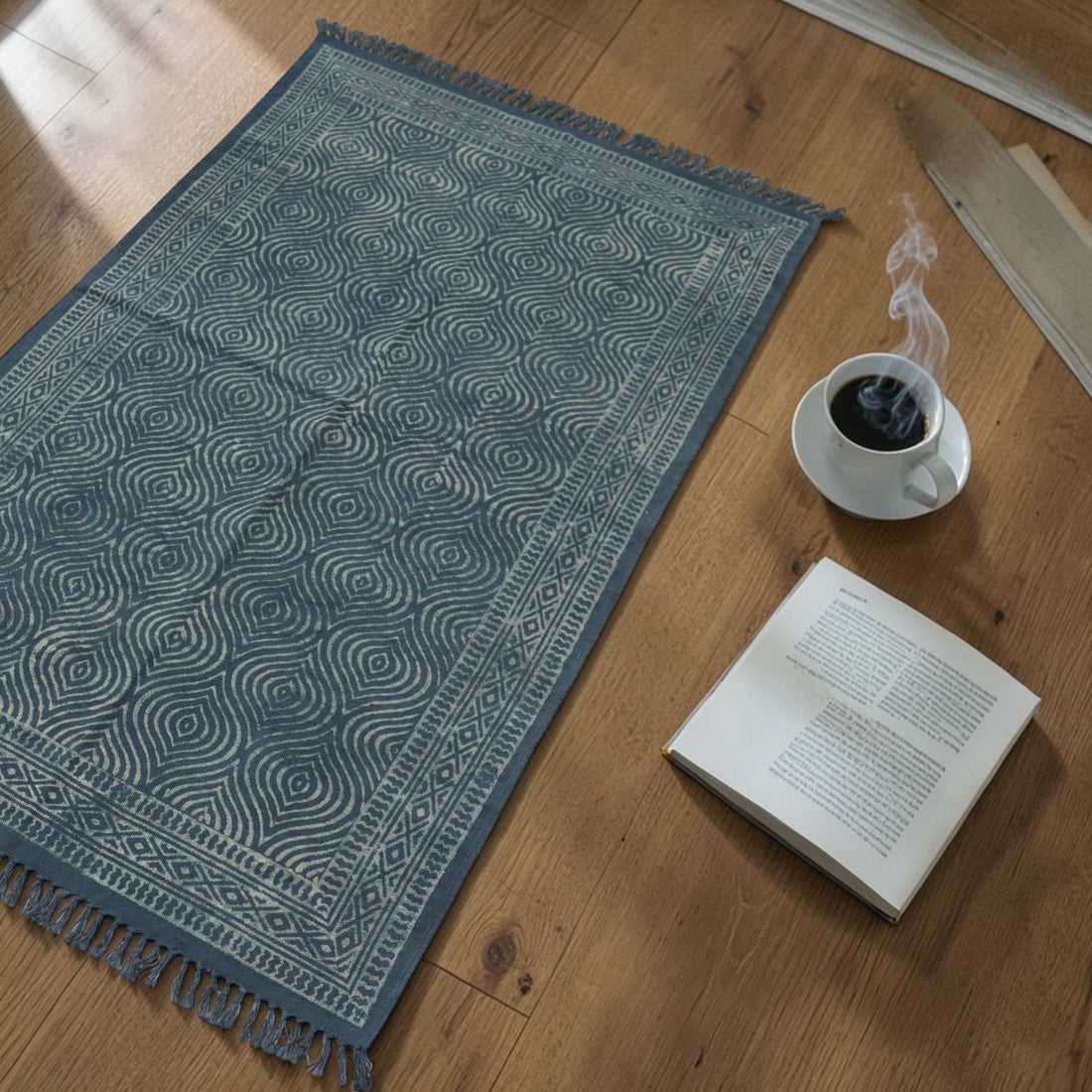 Kala Dabu Block Printed Cotton Grey Dhurrie