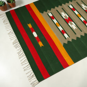 Vaja Green Woven Cotton Rug(Dhurrie)