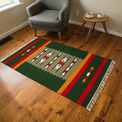 Vaja Green Woven Cotton Rug(Dhurrie)