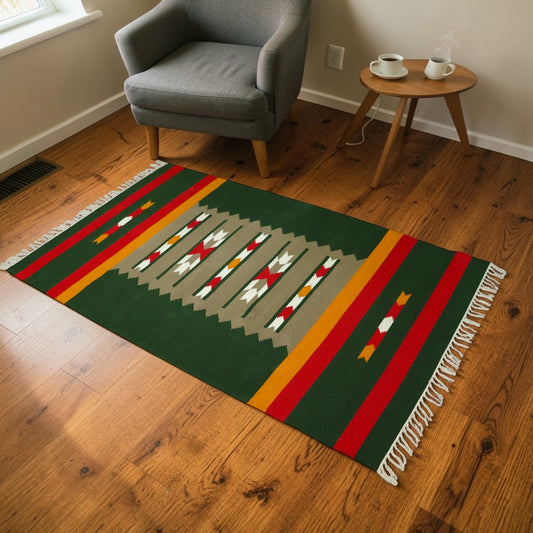 Vaja Green Woven Cotton Rug(Dhurrie)