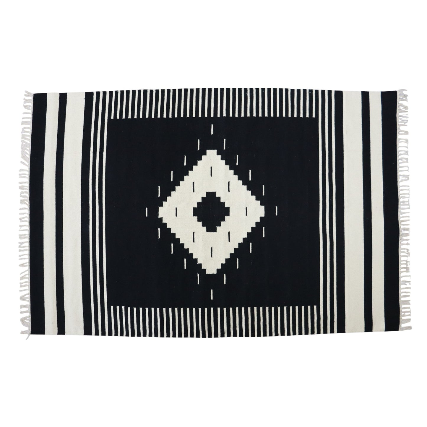 Aruni Black & White Cotton Woven Rug(Dhurrie)