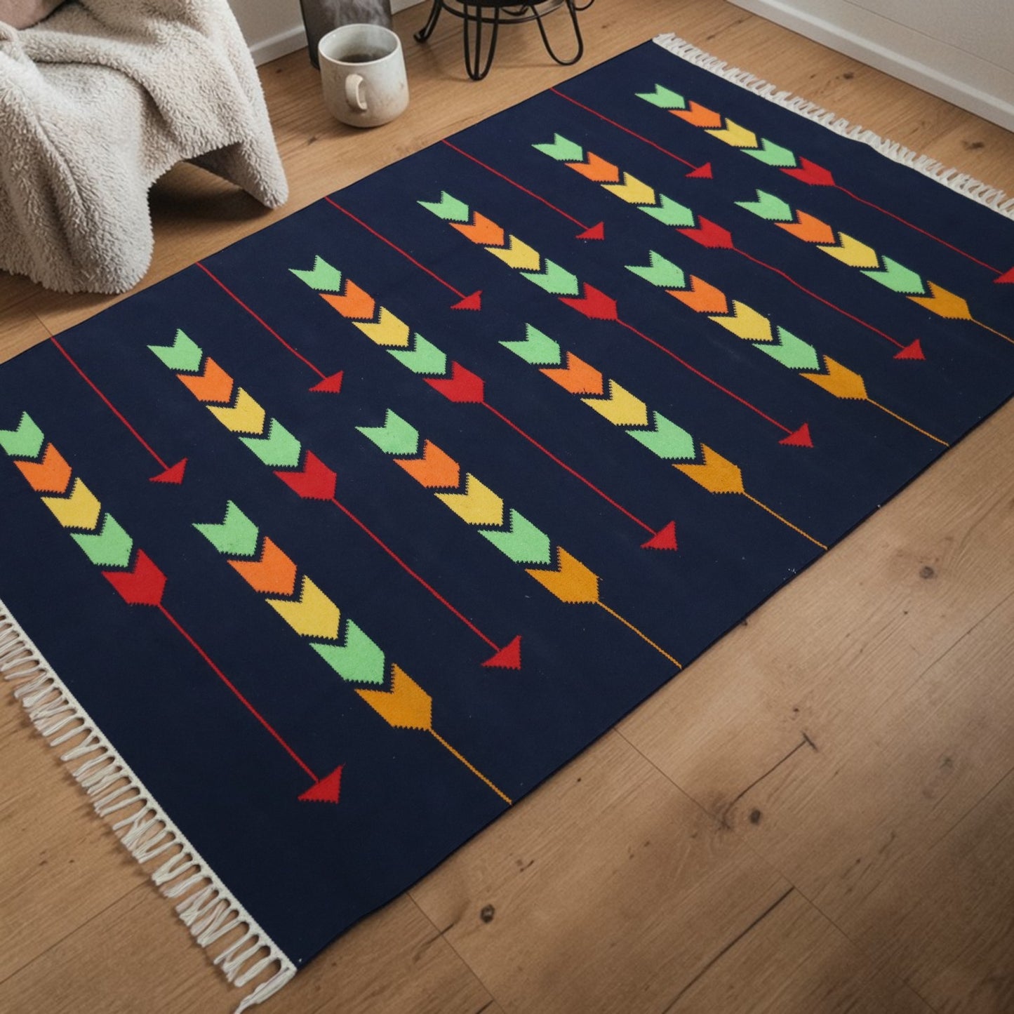 Lasa Navy Woven cotton Rug(Dhurrie)