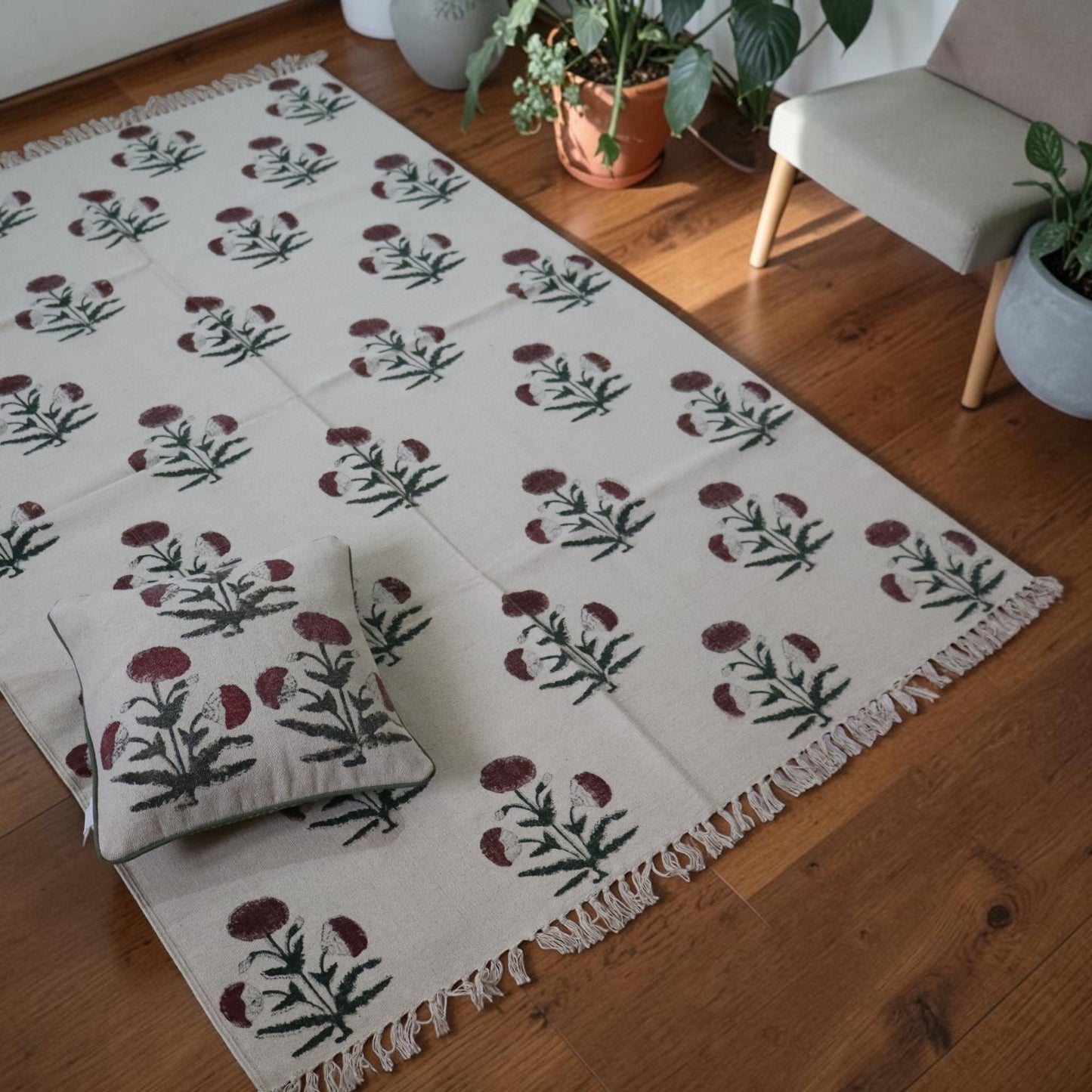 Mari-Gold block Printed Cotton Dhurrie