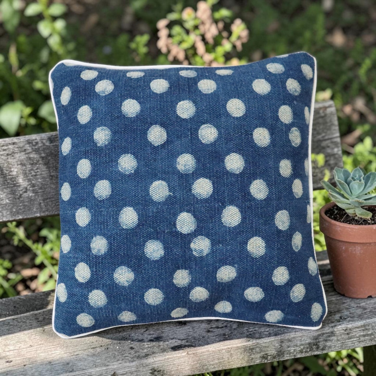 Polka Dot Indigo Dabu Block Printed Dhurrie Cushion Cover