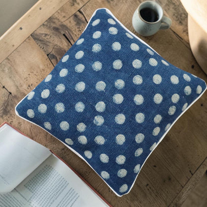 Polka Dot Indigo Dabu Block Printed Dhurrie Cushion Cover