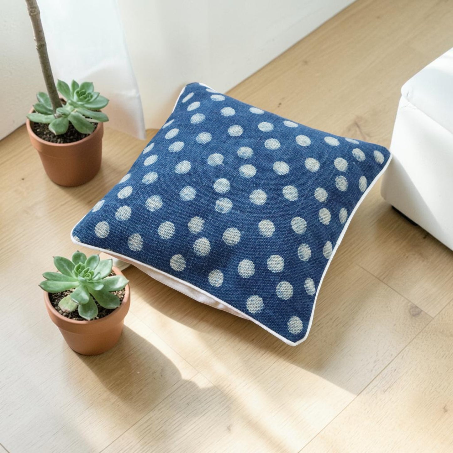 Polka Dot Indigo Dabu Block Printed Dhurrie Cushion Cover