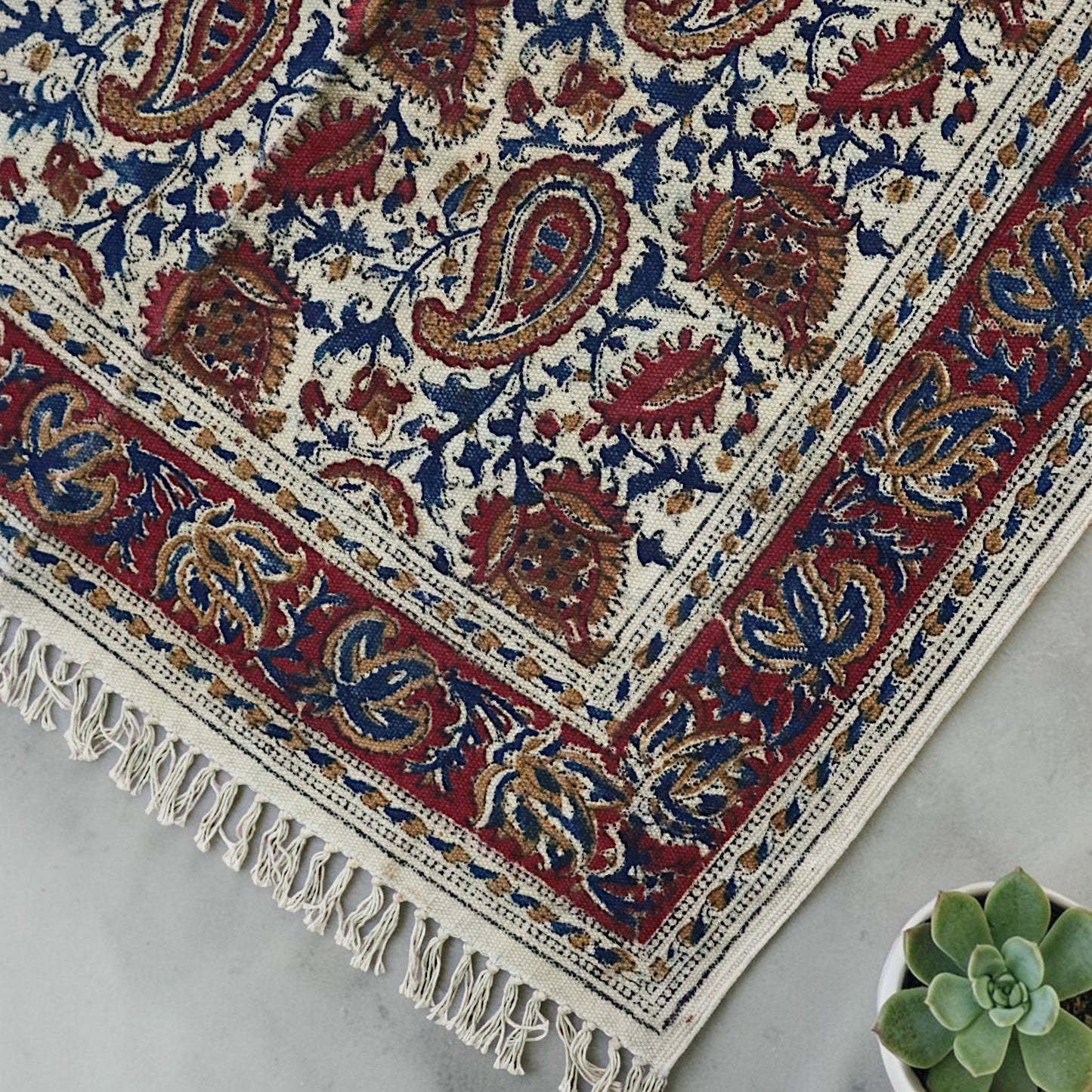 Red Paisley kalamkari Handblock Printed Cotton Dhurrie