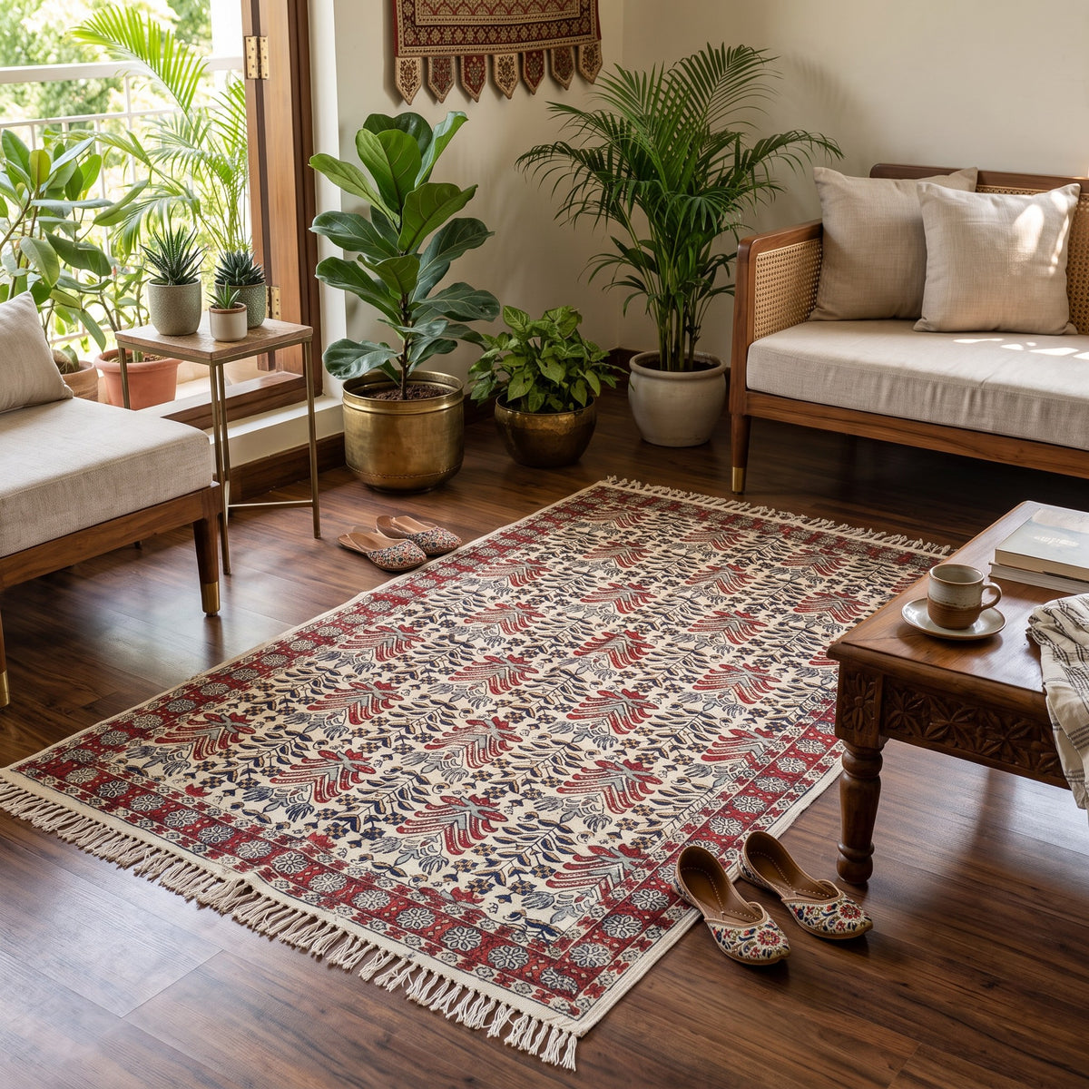 Bhasi Kalamkari Hand block Printed Cotton Dhurrie
