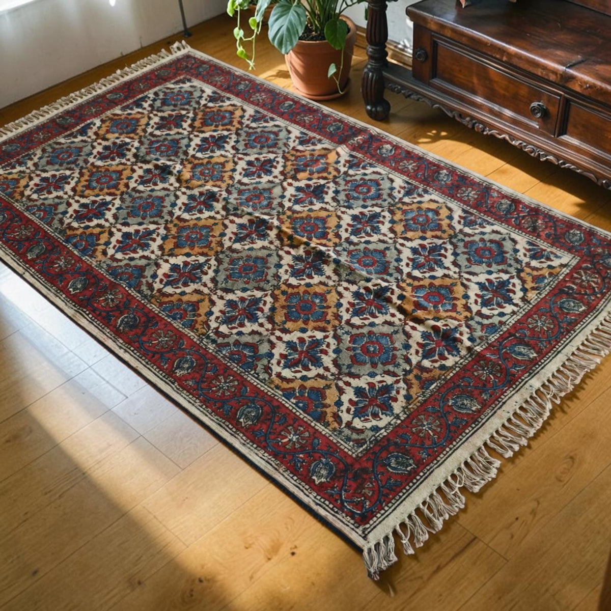Lasa Cotton Kalamkari Hand Block printed Dhurrie