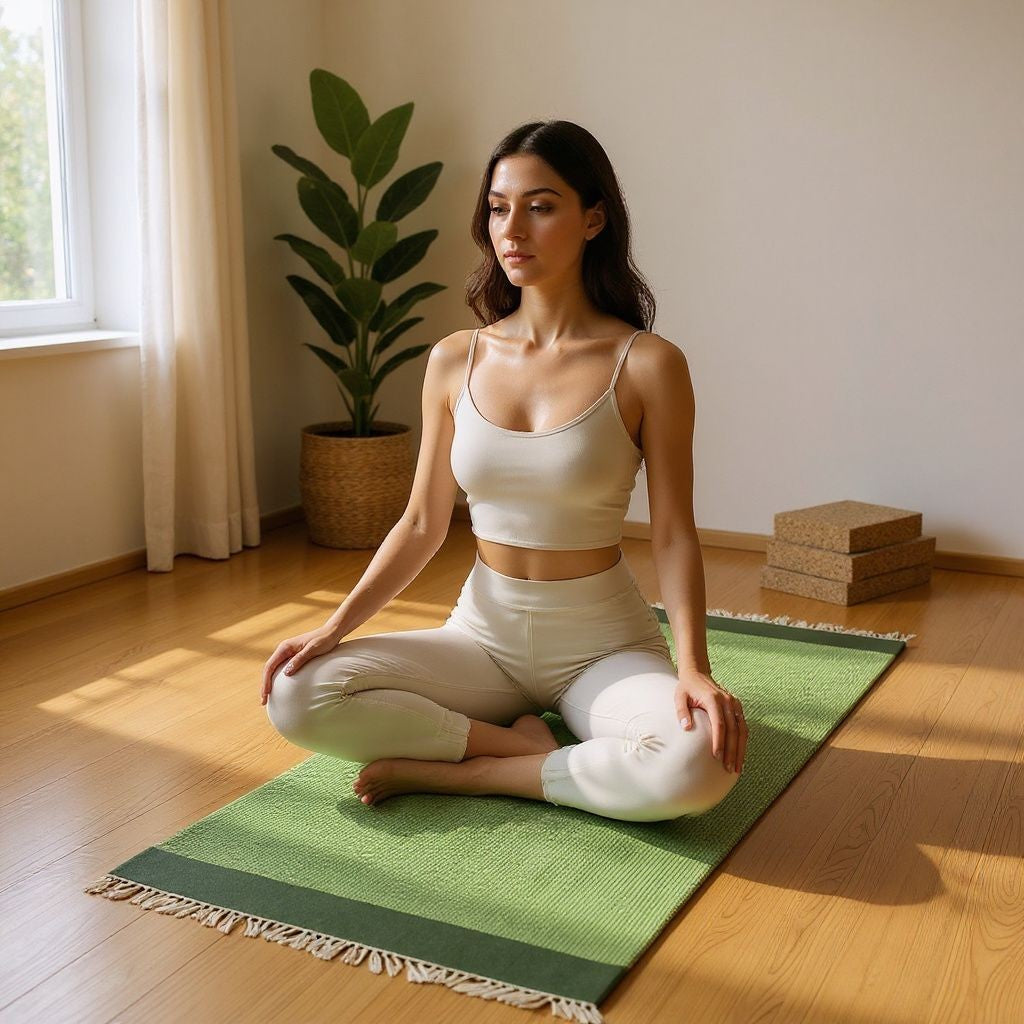 Cotton Handloom Woven Yoga Mat - Green