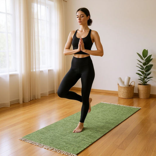 Cotton Handloom Woven Yoga Mat - Light Green