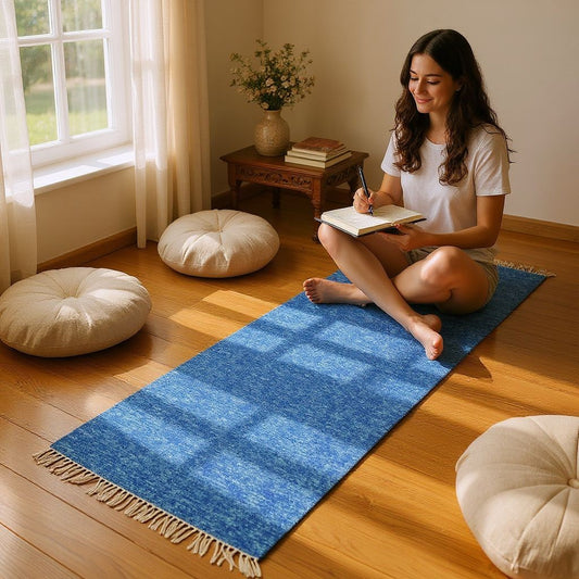 Cotton Handloom Woven Yoga Mat - Blue