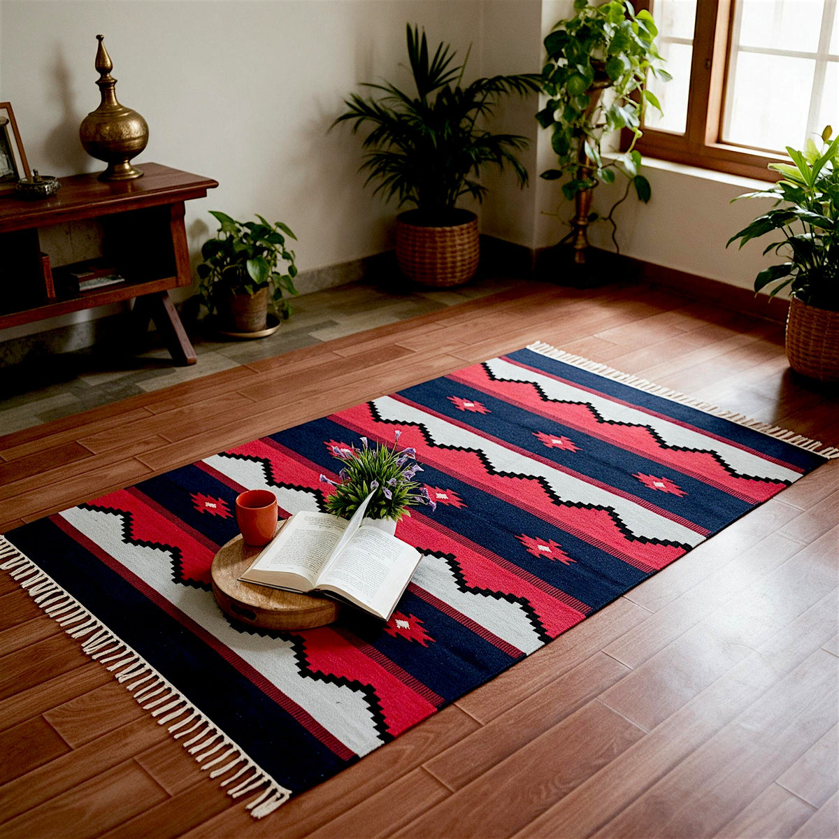 Red Navy Cotton Woven Dhurrie