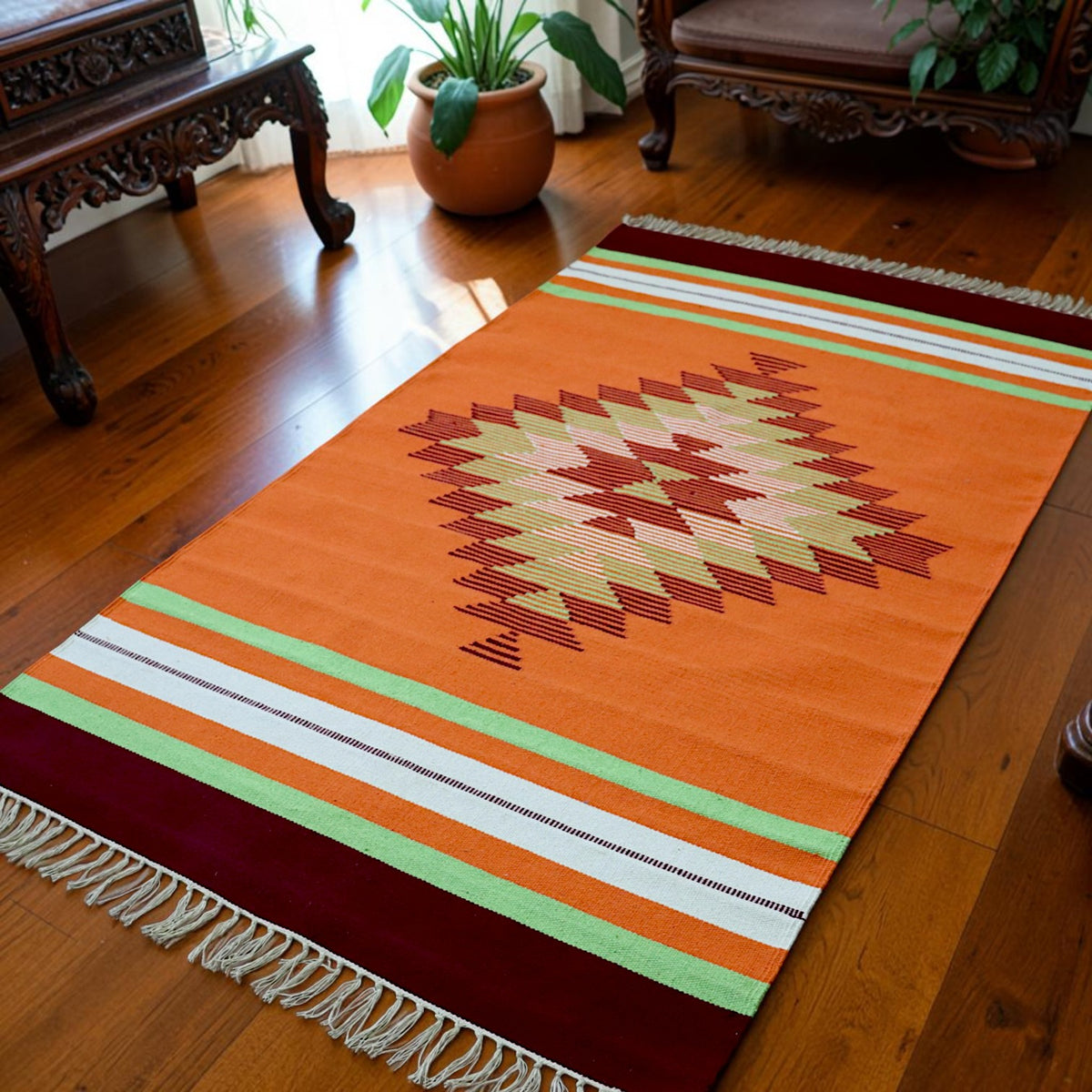 Orenge Maroon Cotton Woven Dhurrie