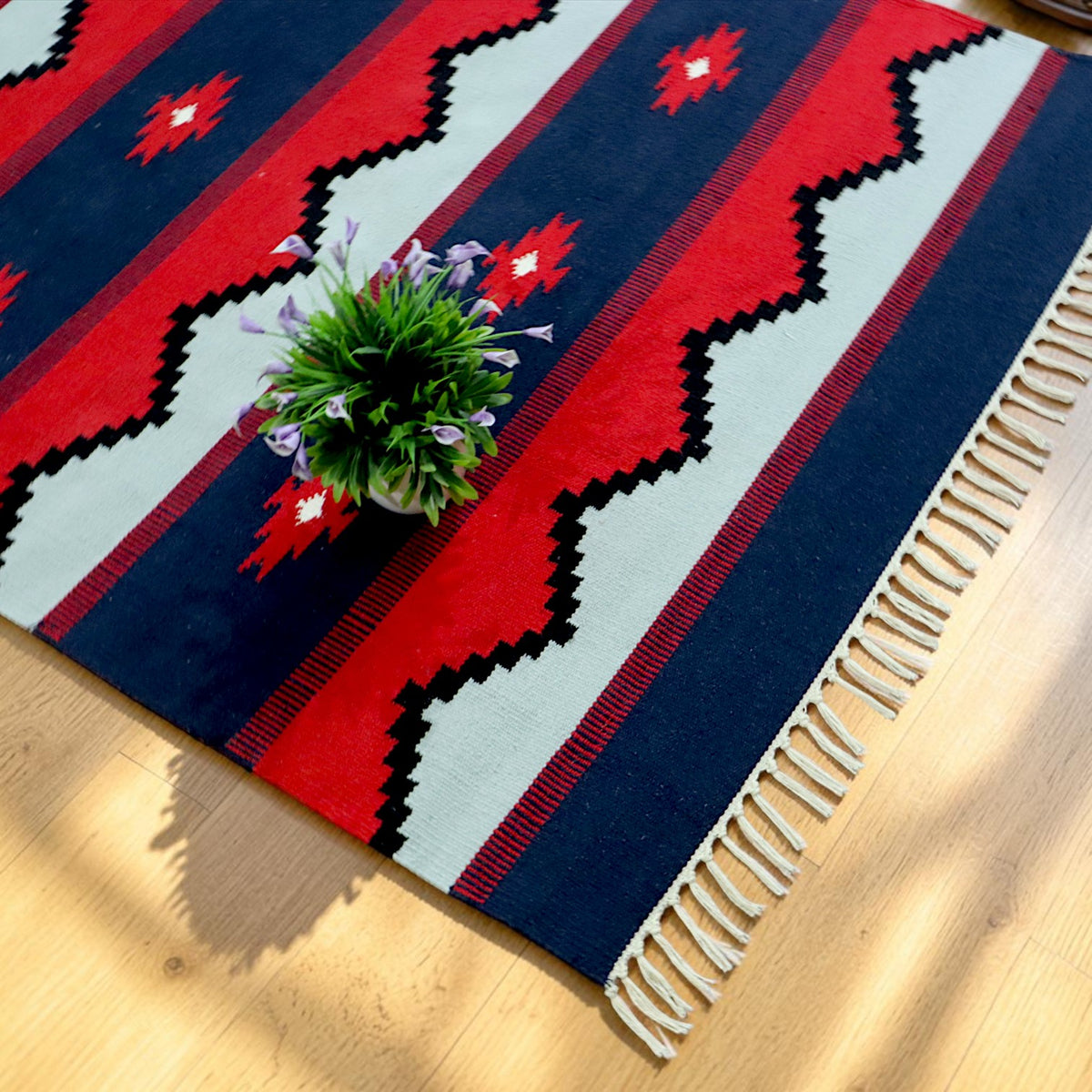 Red Navy Cotton Woven Dhurrie