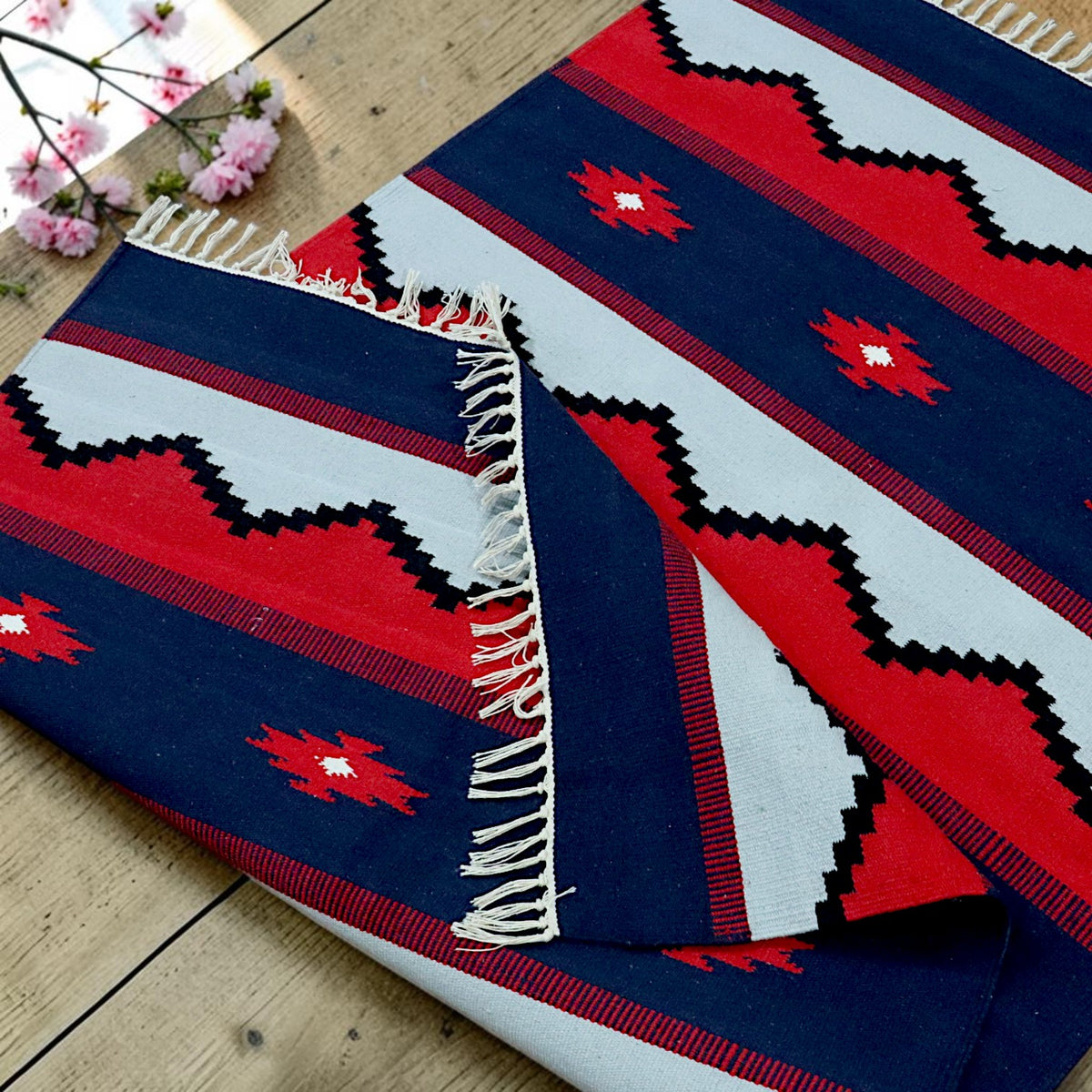 Red Navy Cotton Woven Dhurrie