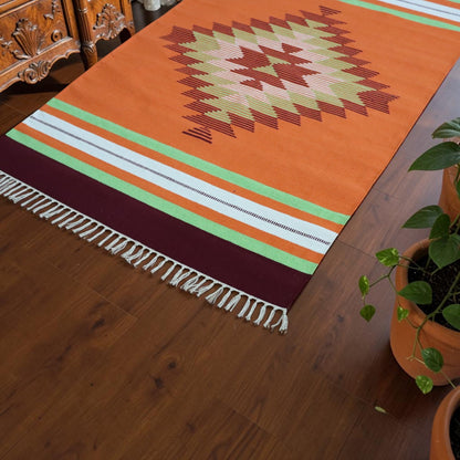 Orenge Maroon Cotton Woven Dhurrie