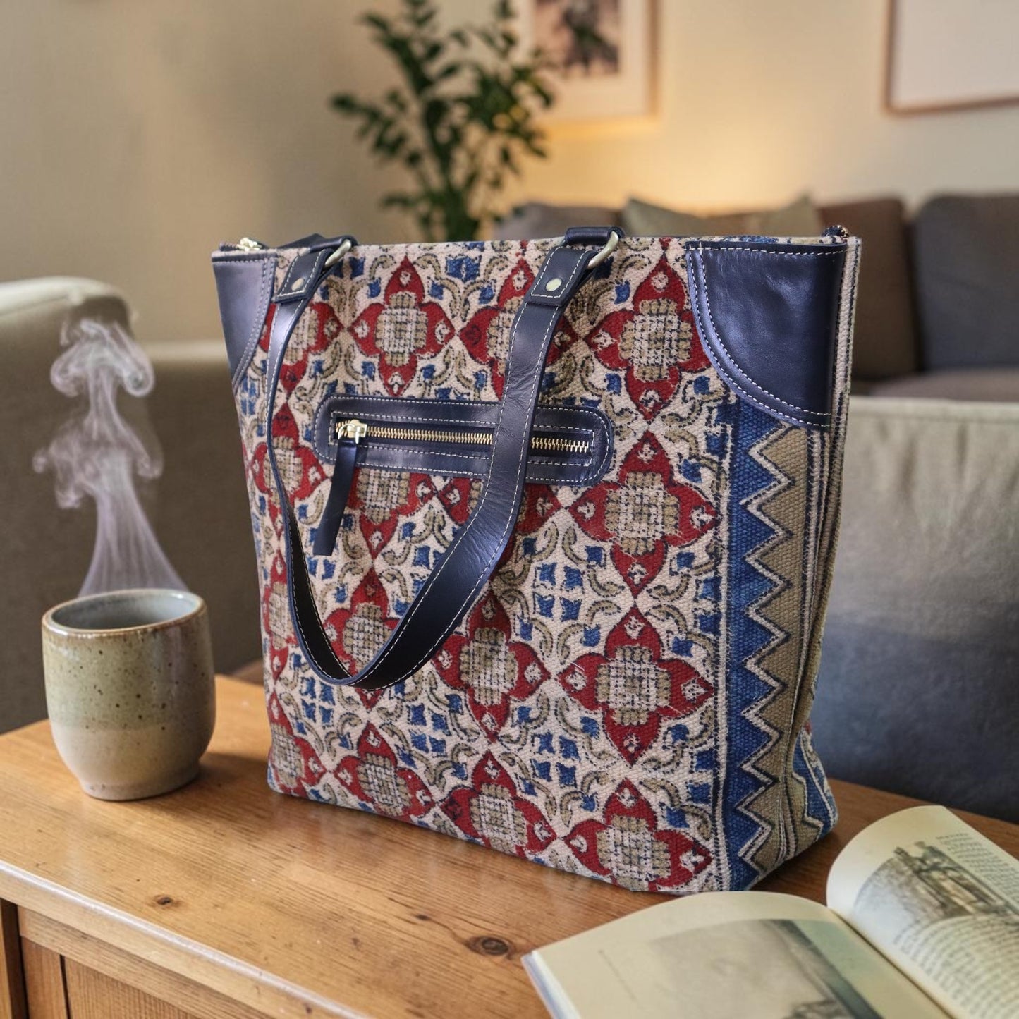 Red Vara Kalamkari Dhurrie Tote Bag.