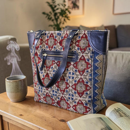 Red Vara Kalamkari Dhurrie Tote Bag.
