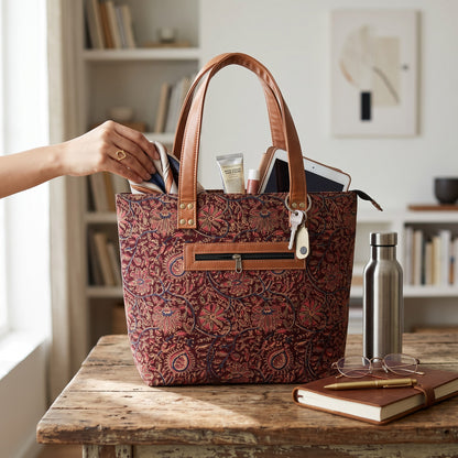 Maroon Pink  Kalamkari Tote Bag