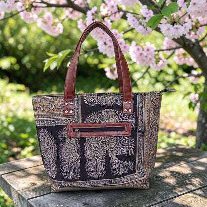Black Ocra Kalamkari Tote Bag