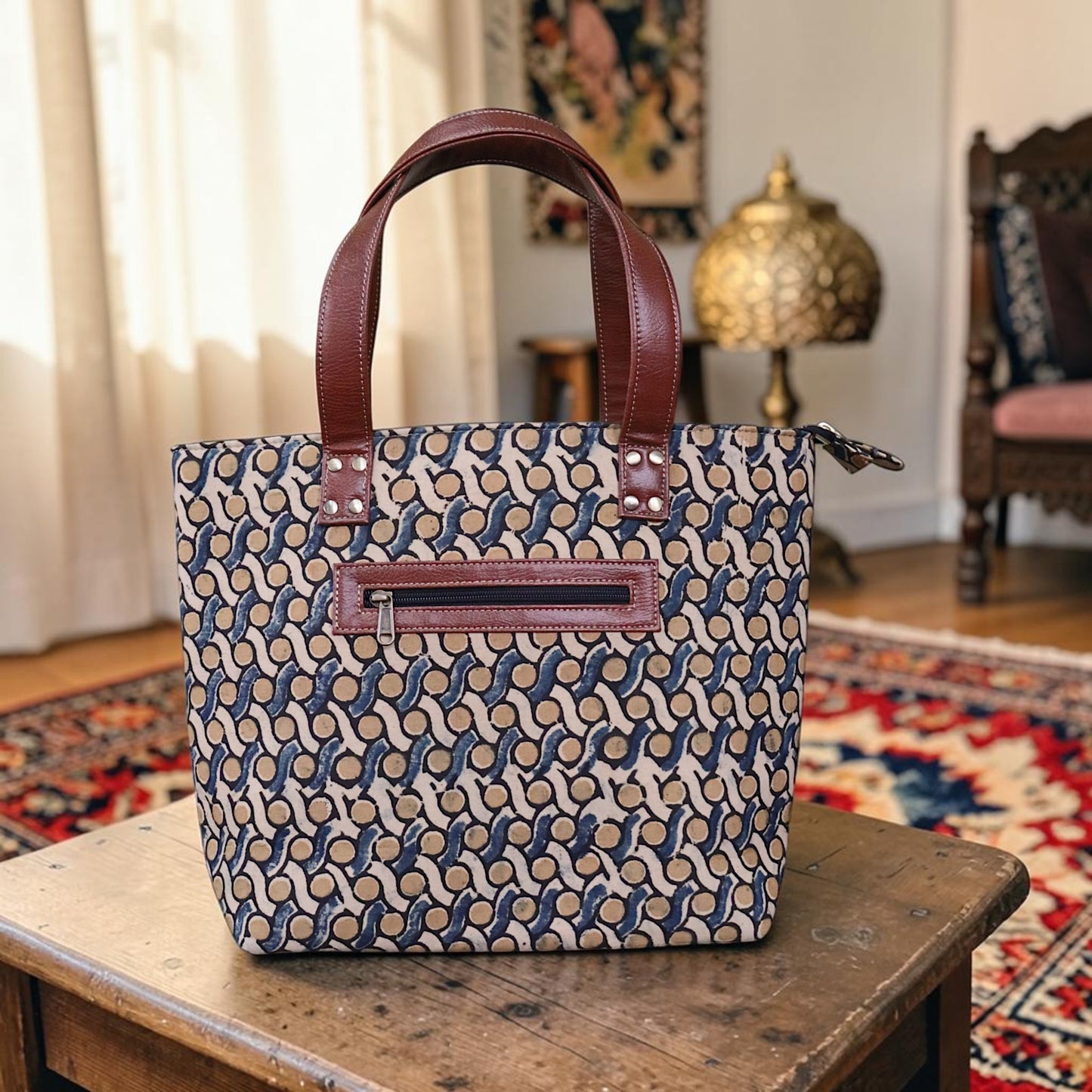 Kalamkari Tote Bag Ocra Blue