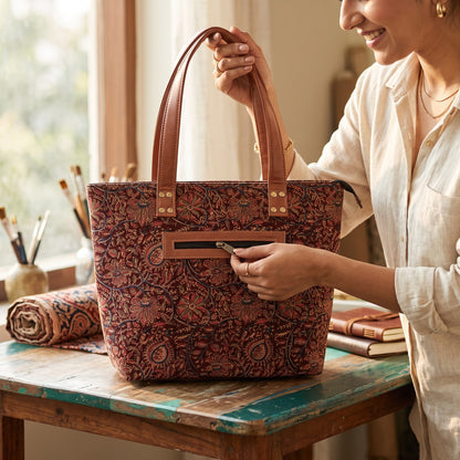 Maroon Pink  Kalamkari Tote Bag